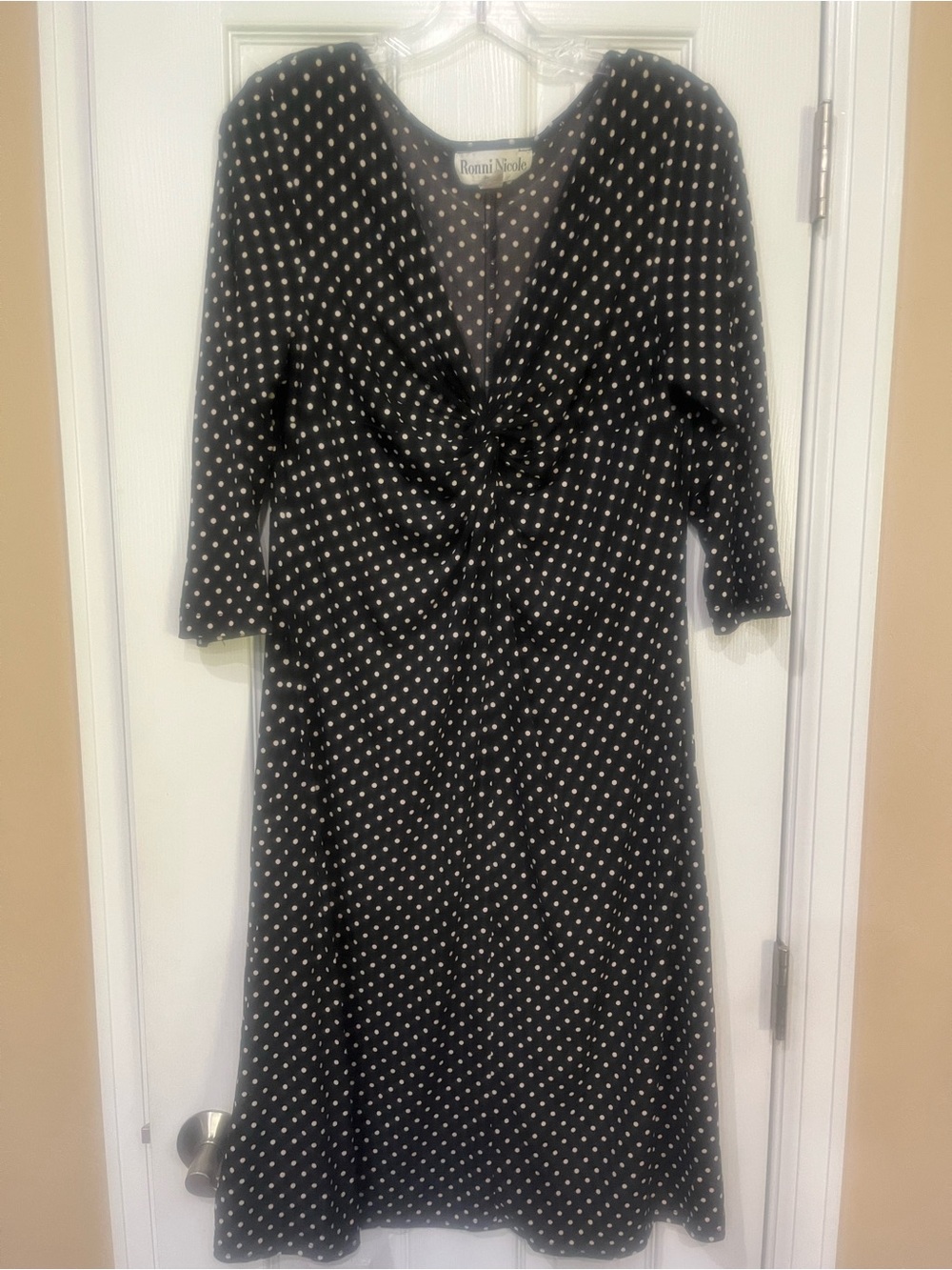 Ronni Nicole Black Polka Dot Midi Dress with Twist Front
